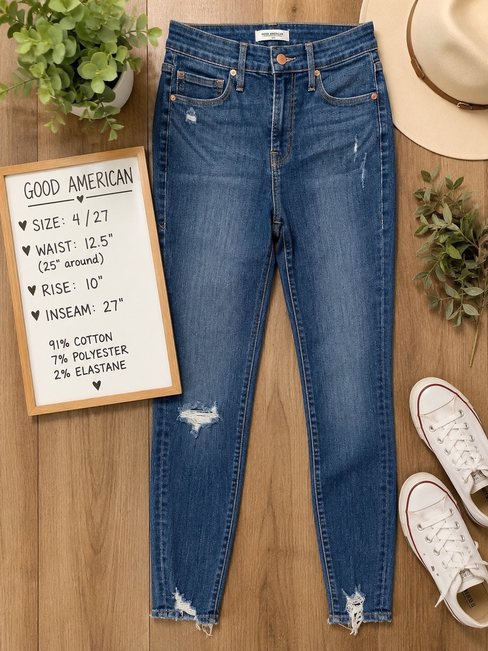Good American Good Waist Skinny Jeans Women's 4/27 Medium Wash Distressed